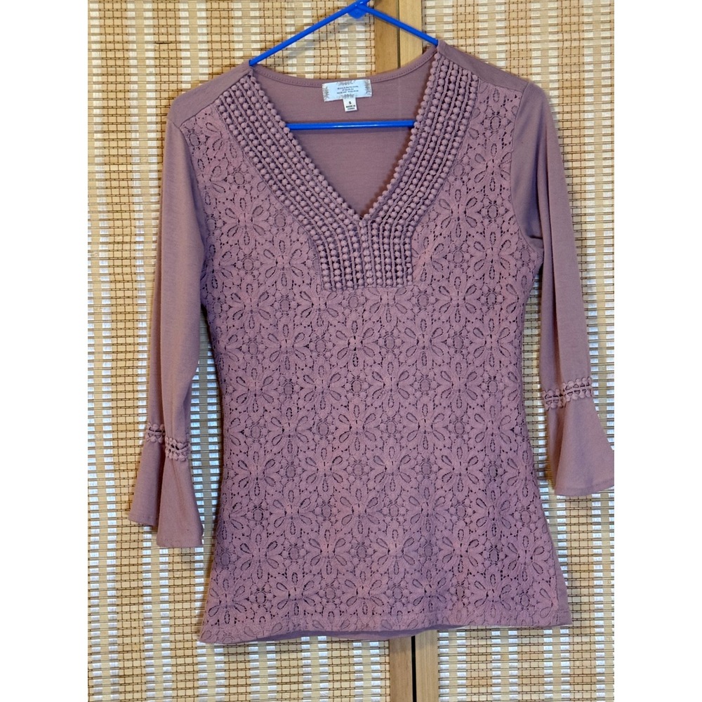 Shannon Ford New York Womens S Top Mauve Lace Front Bell Sleeve V-Neck Fairycore